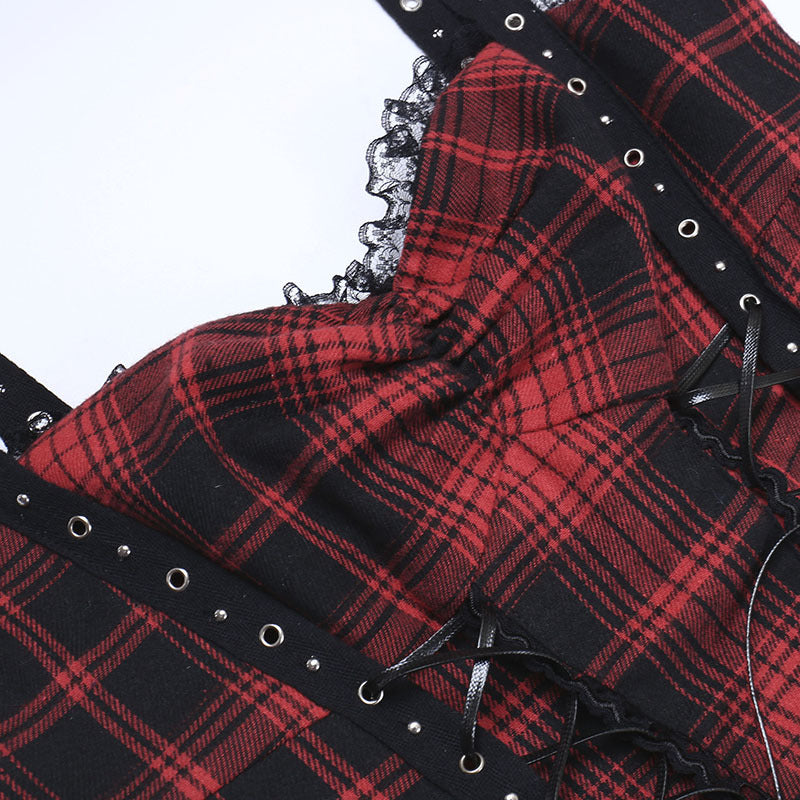 Red Tartan Punk Style Strappy Dress CC22121