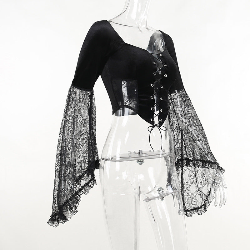 Black Gothic Lace Long Sleeve Corset Crop Top JY22491