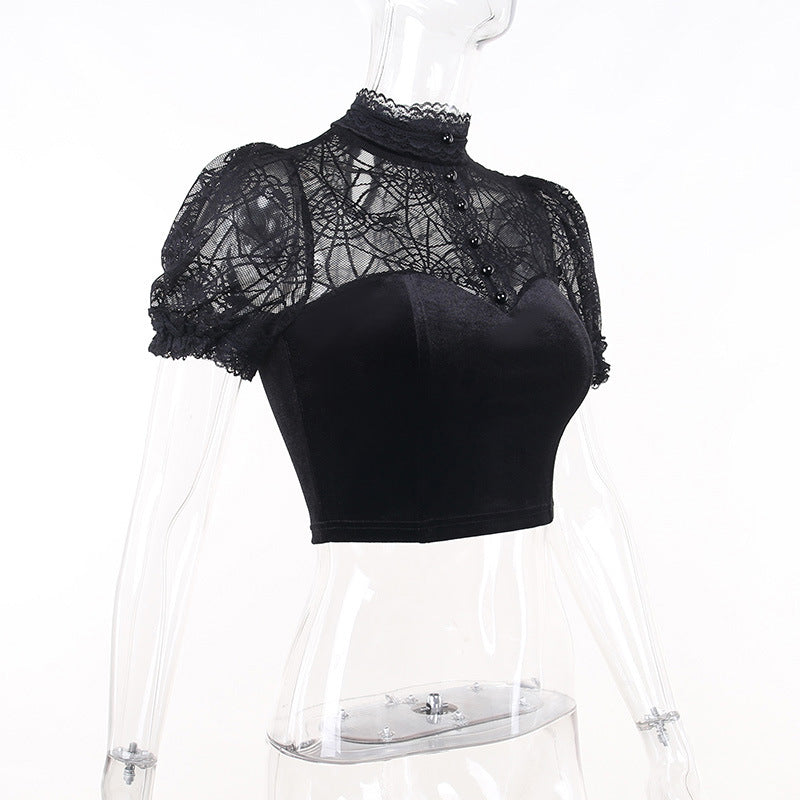 Gothic Spider Web Short Sleeve Crop Top CF23024