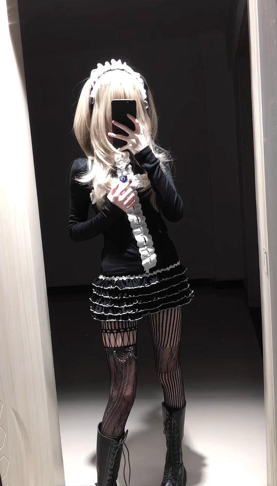 Goth Punk Black and White Ruffled Cross Cake Skirt (SK06)