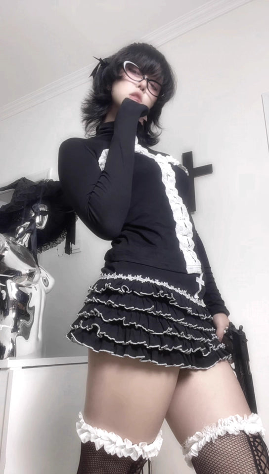 Goth Punk Black and White Ruffled Cross Cake Skirt (SK06)