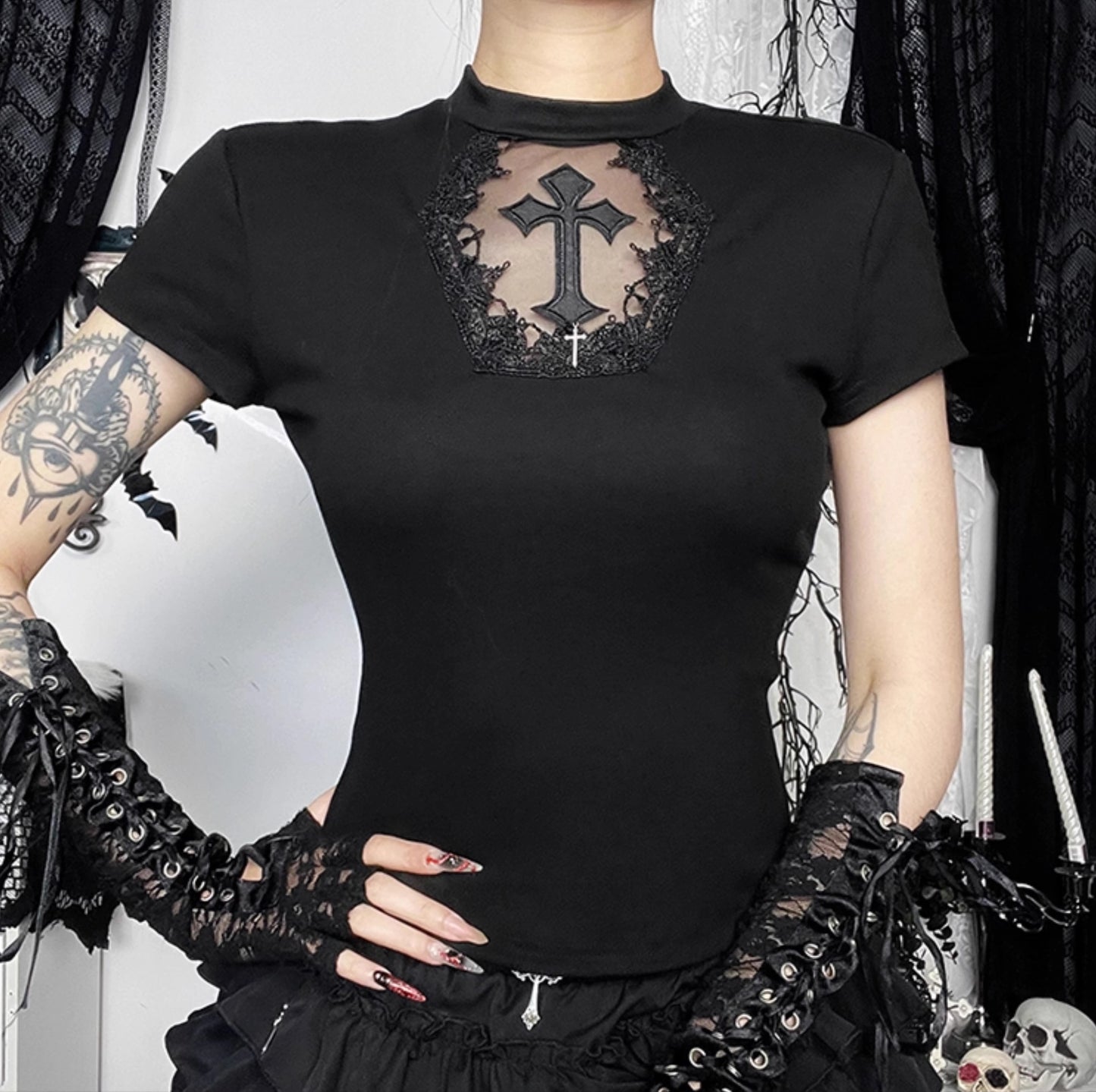 Gothic Short Sleeve Cross Top (TP04)