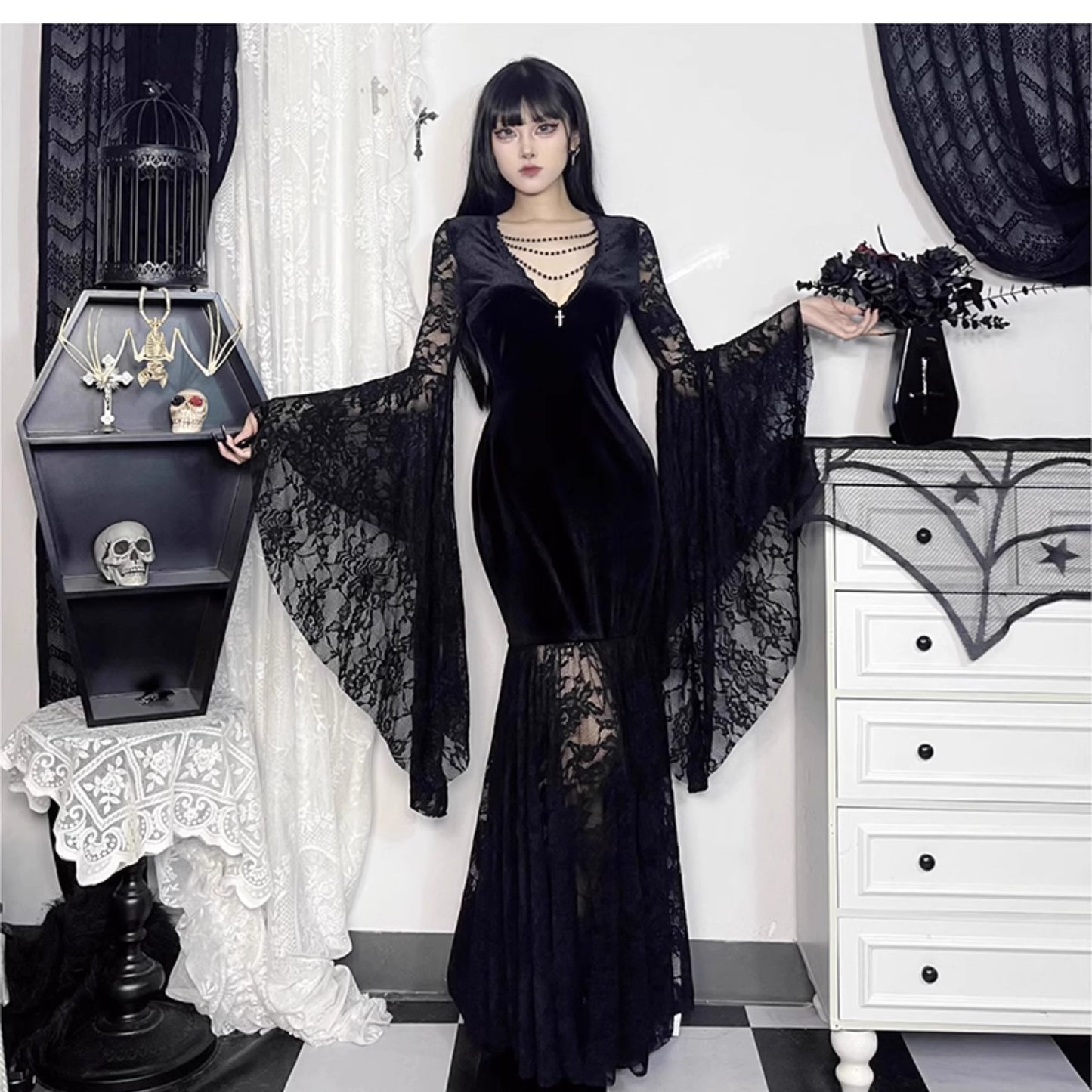 Gothic Batwing Sleeves Lace Dress (DR04)