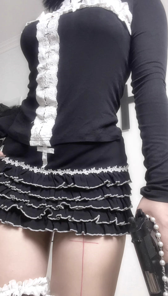 Goth Punk Black and White Ruffled Cross Cake Skirt (SK06)