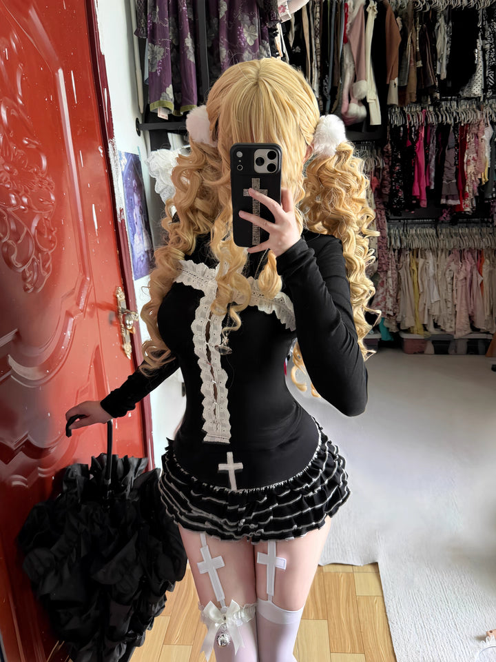 Goth Punk Black and White Ruffled Cross Cake Skirt (SK06)