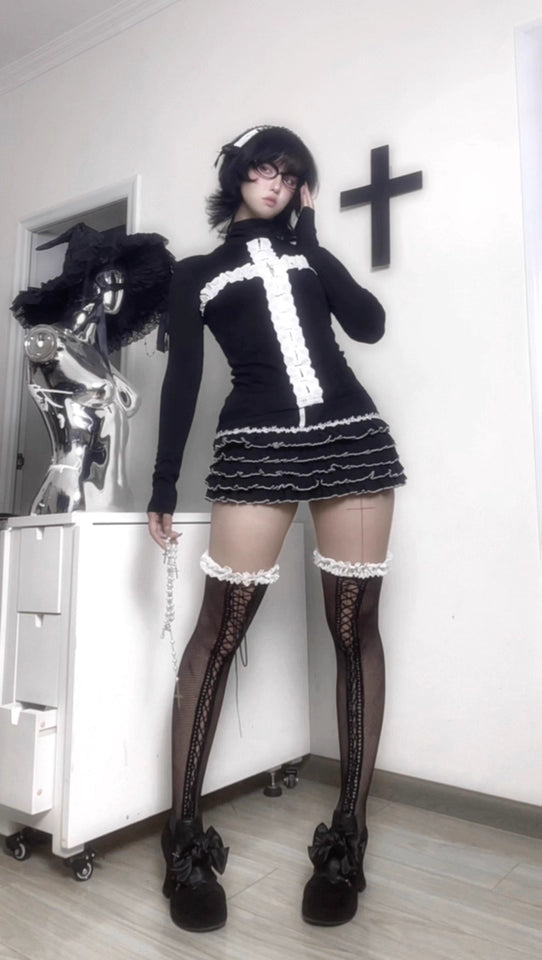 Goth Punk Black and White Ruffled Cross Cake Skirt (SK06)