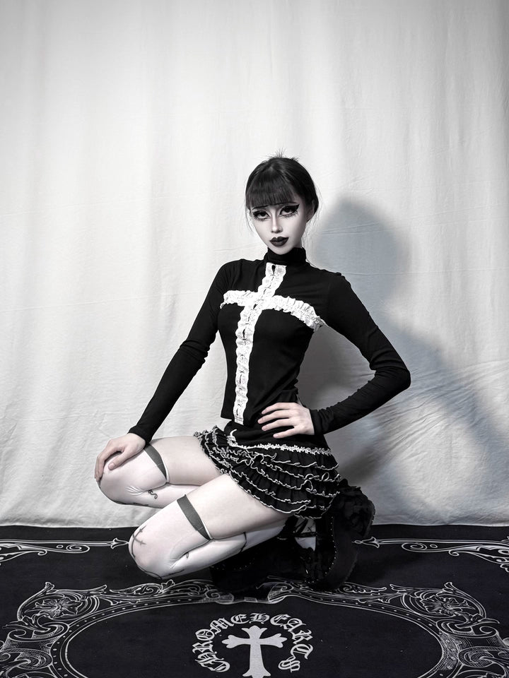 Goth Punk Black and White Ruffled Cross Cake Skirt (SK06)