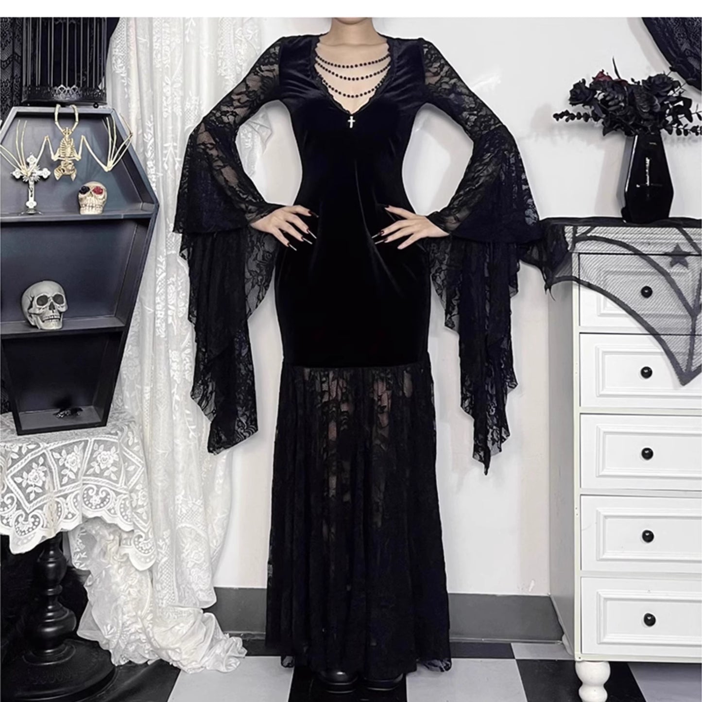 Gothic Batwing Sleeves Lace Dress (DR04)