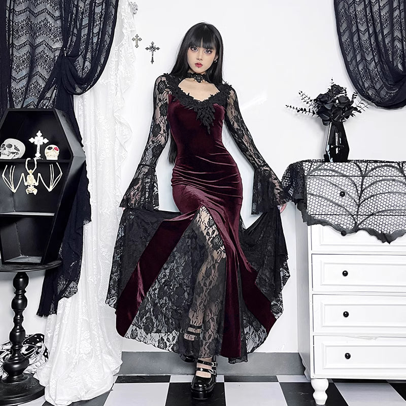 Gothic Dark Black Lace Mermaid Dress (DR03)
