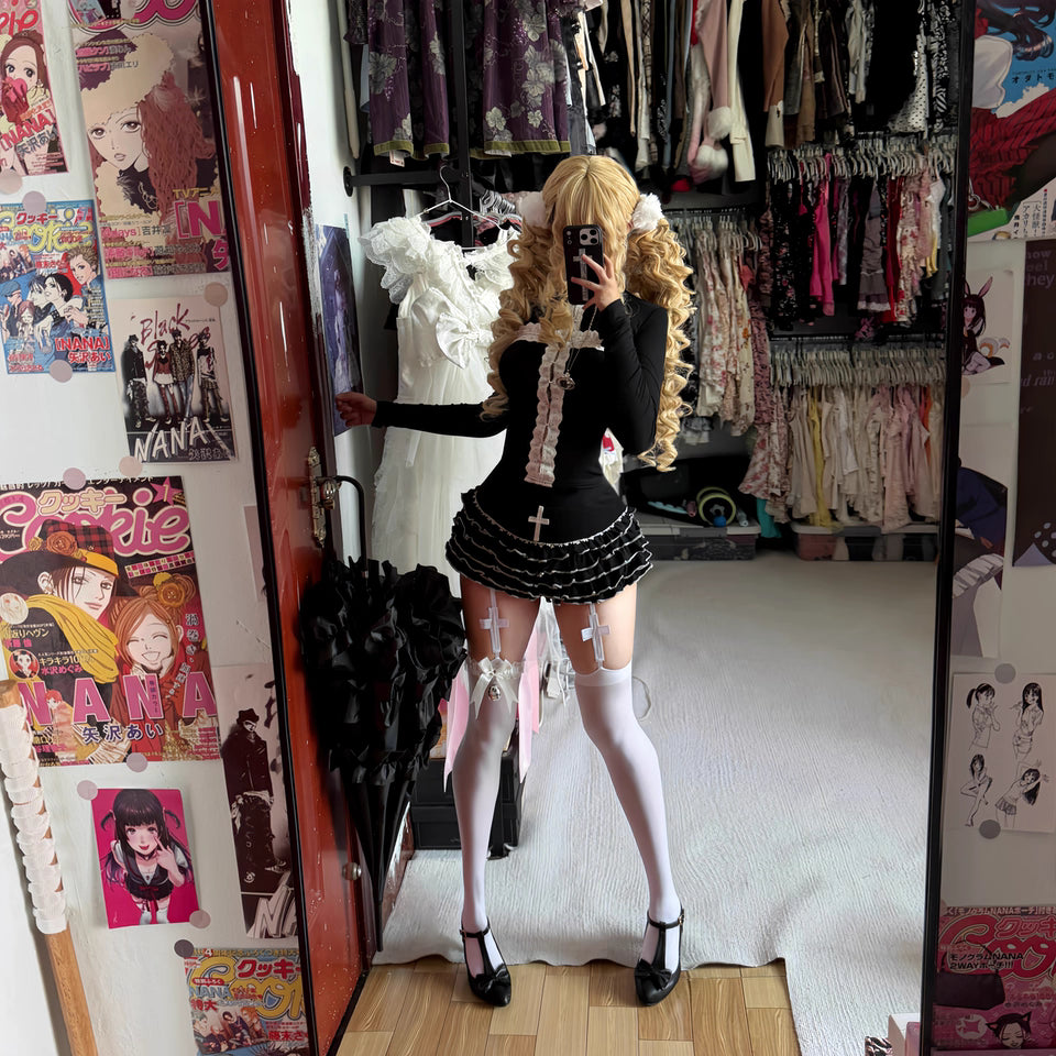 Goth Punk Black and White Ruffled Cross Cake Skirt (SK06)