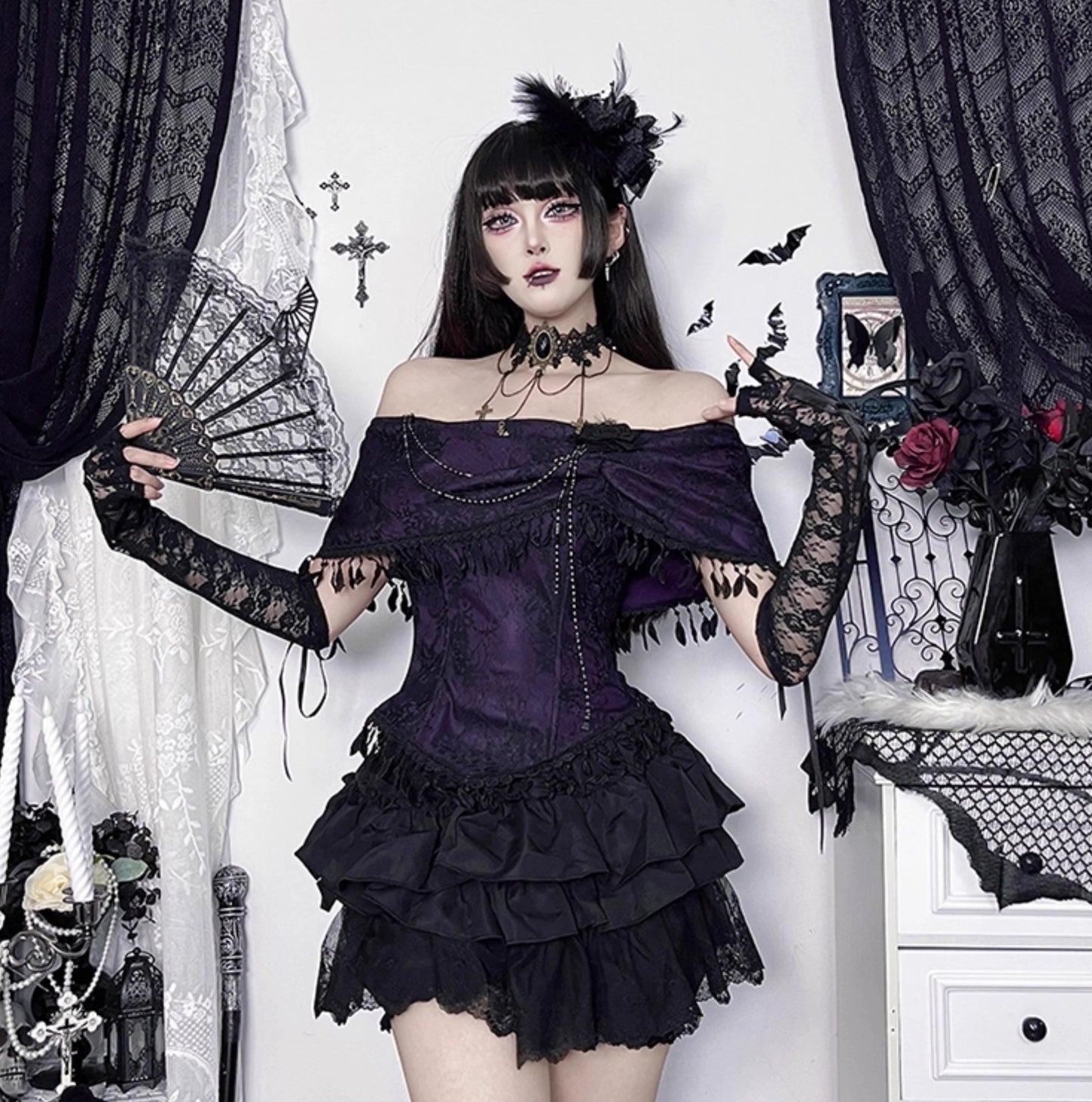 Gothic Purple Off-shoulder Top and Skirt (TP02)