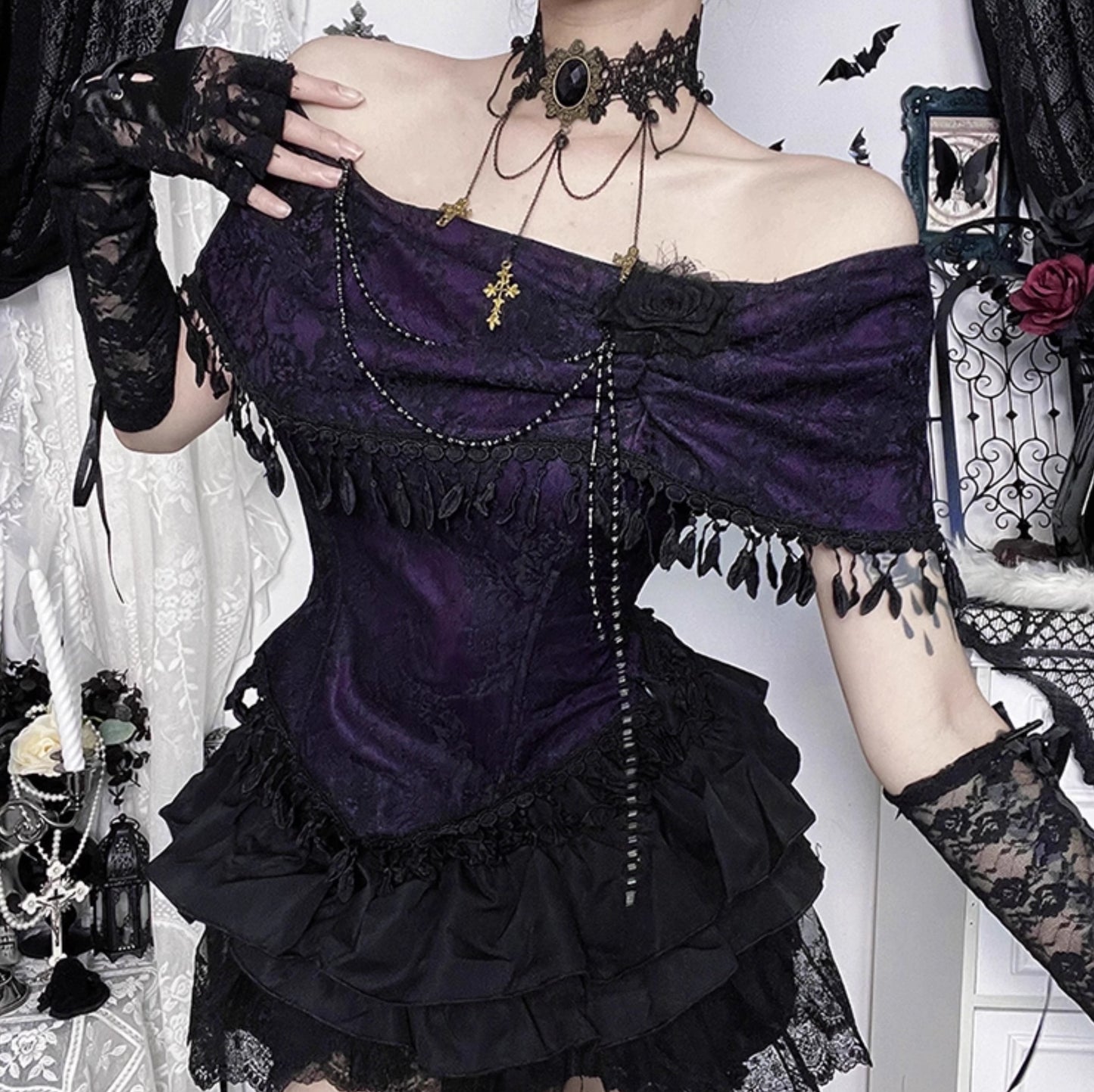 Gothic Purple Off-shoulder Top and Skirt (TP02)
