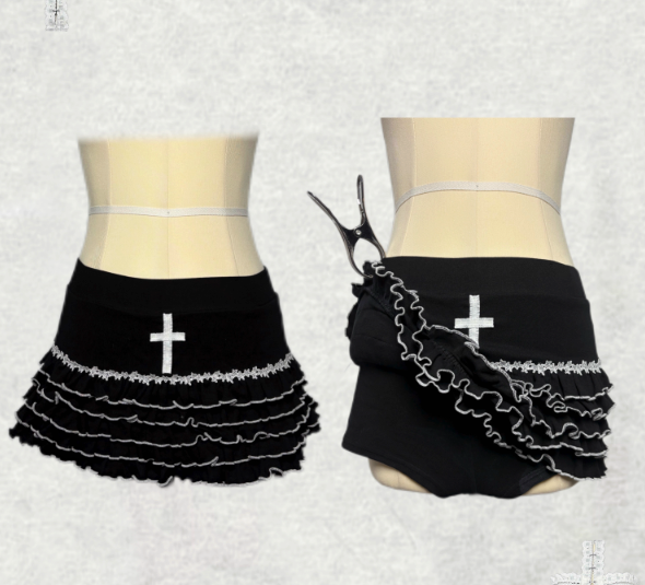 Goth Punk Black and White Ruffled Cross Cake Skirt (SK06)