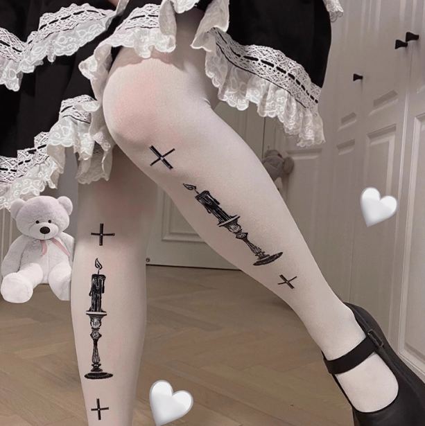 White Gothic Cross Candle Print Tights (SC07)