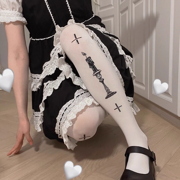 White Gothic Cross Candle Print Tights (SC07)