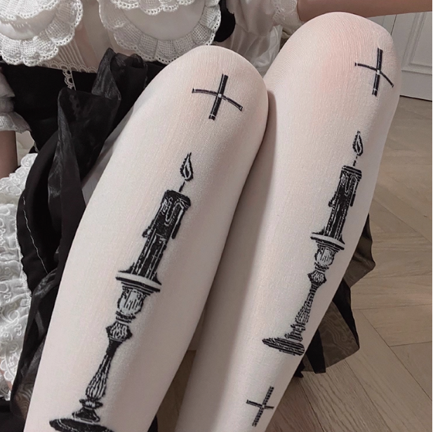 White Gothic Cross Candle Print Tights (SC07)