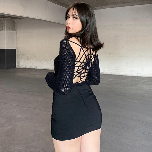 Gothic Style Spider Web Back Long Sleeve Top YJ22571