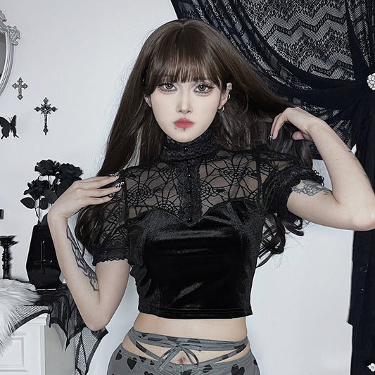 Gothic Spider Web Short Sleeve Crop Top CF23024