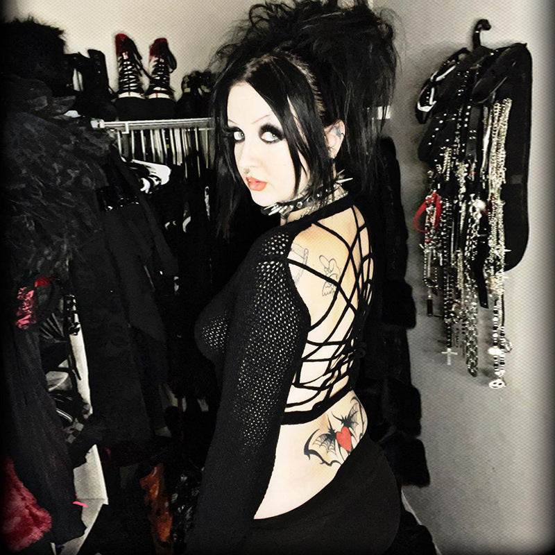 Gothic Style Spider Web Back Long Sleeve Top YJ22571