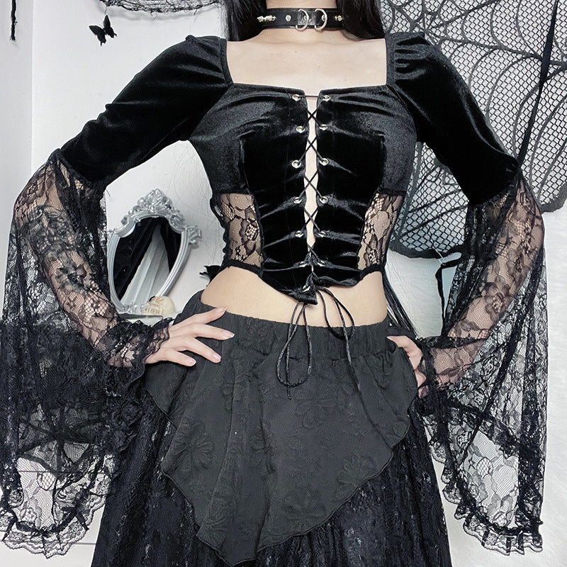 Black Gothic Lace Long Sleeve Corset Crop Top JY22491