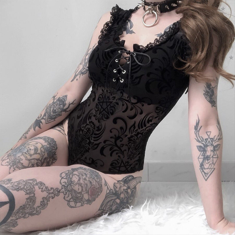 Gothic Black Lace Corset Bodysuit 92360