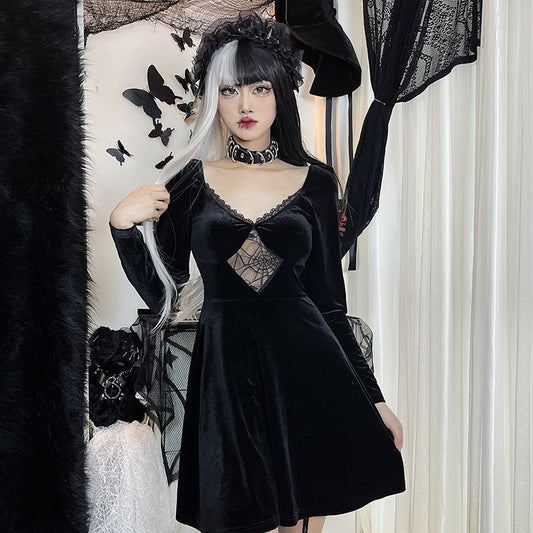 Gothic Style Velvet Spider Web Long Sleeve Dress JY22298