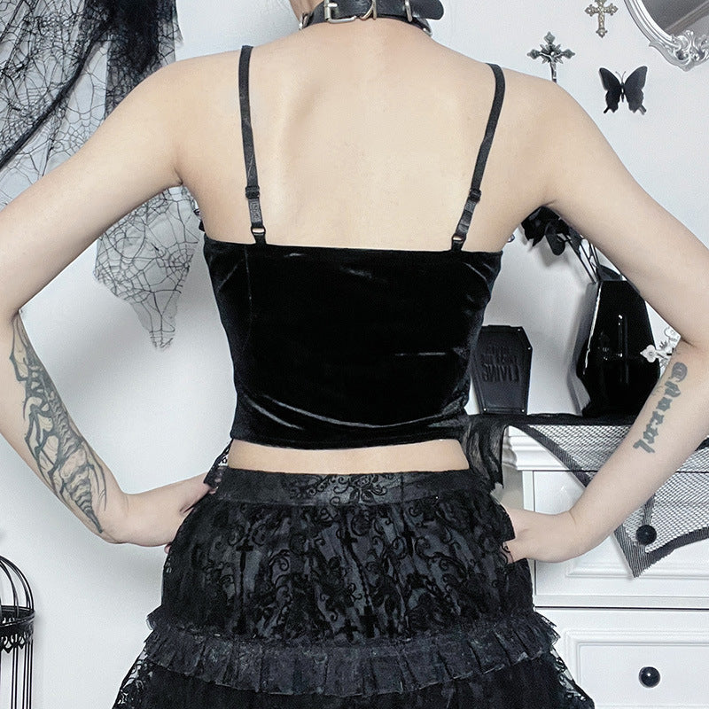 Gothic Style Black & Red Spider Web Cross Strap Top CF22183