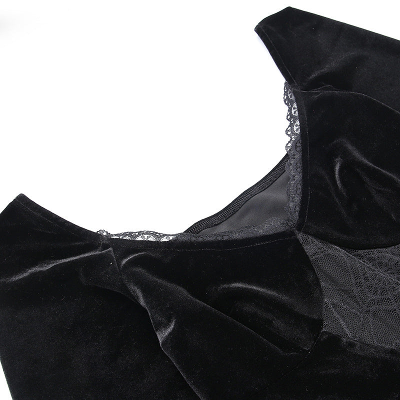 Gothic Style Velvet Spider Web Long Sleeve Dress JY22298