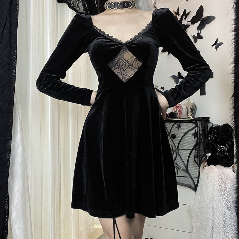 Gothic Style Velvet Spider Web Long Sleeve Dress JY22298