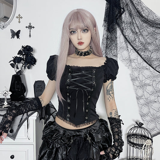 Gothic style off-shoulder short sleeve corset top JY22528