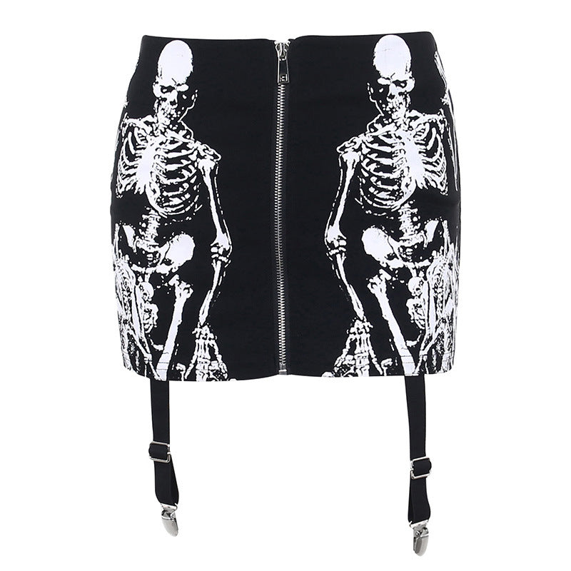 Black Skull Print Gothic Skirt CF23016