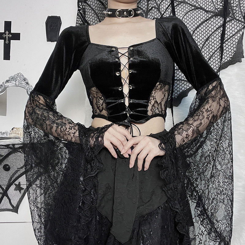 Black Gothic Lace Long Sleeve Corset Crop Top JY22491