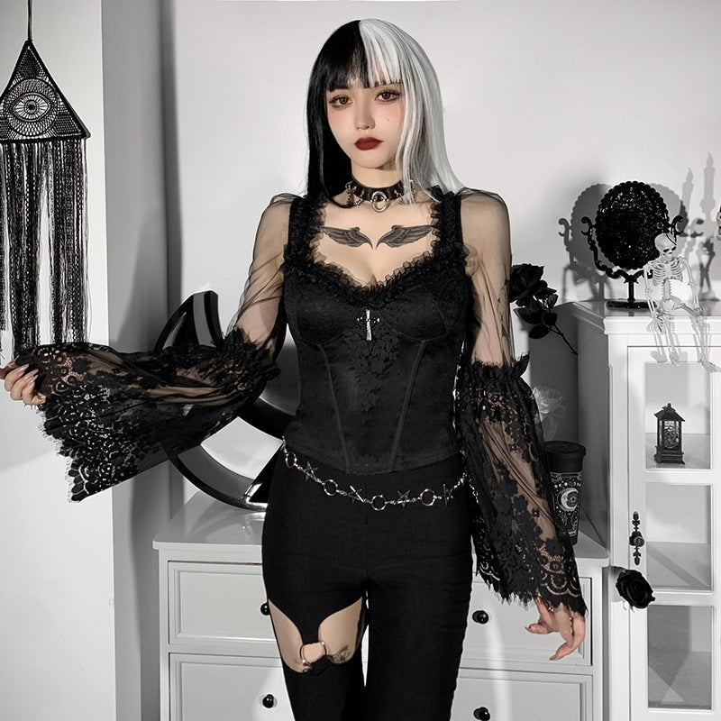 Black Lace Sleeve Gothic Long Sleeve Top  HY21507