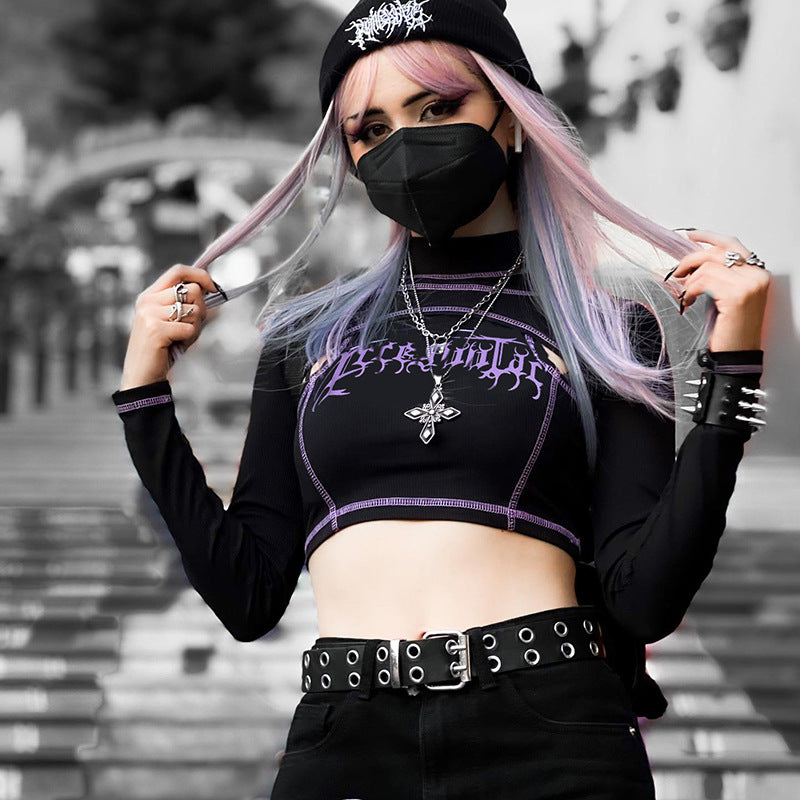 Punk Style Black Long Sleeve Fake Two Piece Crop Top YL22073