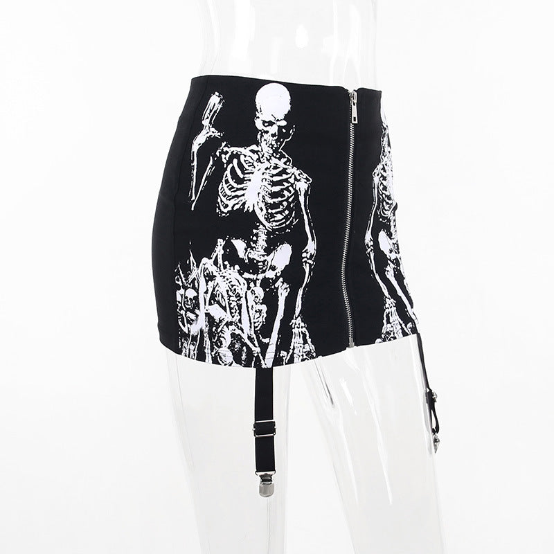 Black Skull Print Gothic Skirt CF23016
