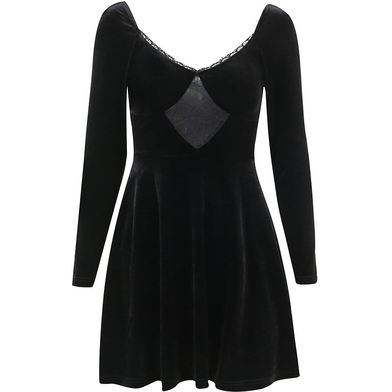 Gothic Style Velvet Spider Web Long Sleeve Dress JY22298