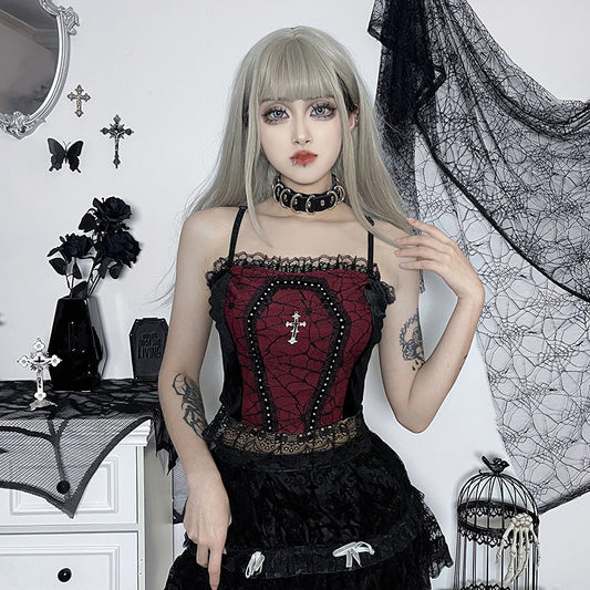 Gothic Style Black & Red Spider Web Cross Strap Top CF22183